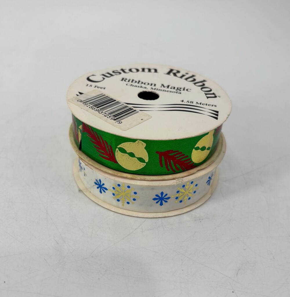 Set of 2 Vintage Metallic Christmas Ribbon Magic Snowflake Ornament Feather